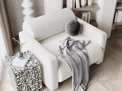 Cozy White Single Seater Sofa With Gray Pillow Plaid Blanket And Patterned Side Table 3d model