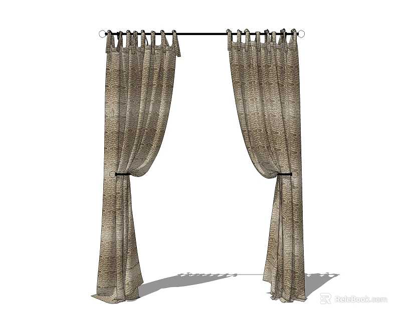 Neutral Striped Fabric Curtains Draped Open With Curtain Rod And Hooks 3d model 