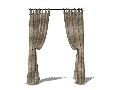 Neutral Striped Fabric Curtains Draped Open With Curtain Rod And Hooks 3d model