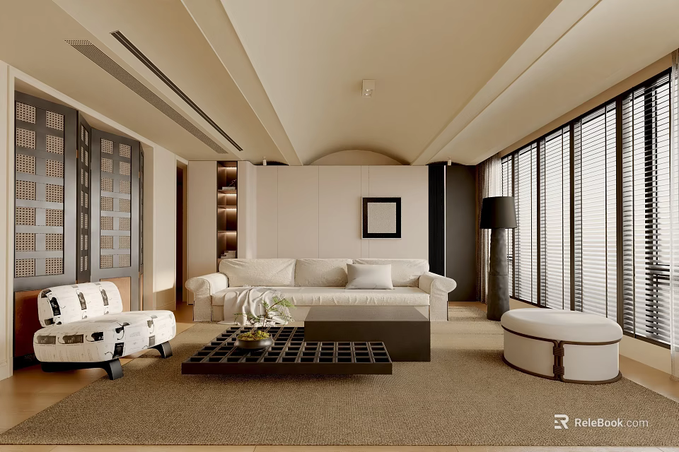 Modern Living Room Interior With Sofa Coffee Table Rug And Floor to Ceiling Windows 3d model 