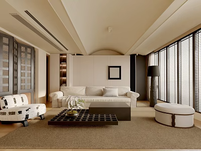 Modern Living Room Interior With Sofa Coffee Table Rug And Floor to Ceiling Windows 3d model