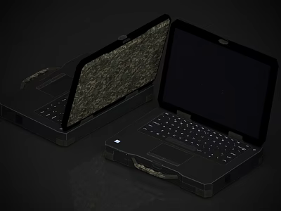 Two Rugged Camouflage Shell Laptops With Carry Handle And Open Display Design 3d model