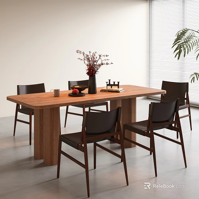Modern Minimalist Wooden Dining Table Set with Six Black Chairs and Vase with Flowers 3d model 