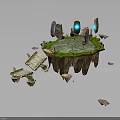 Floating Island Scene With Rock Formations Glowing Crystals Grassy Edge And Broken Wooden Bridge
