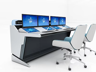 Modern Office Desk with Multiple Monitors and Ergonomic Chairs for Efficient Workstation 3d model
