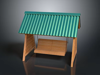 Wooden Outdoor Swing Playground Equipment With Green Corrugated Roof And Hanging Seat 3d model