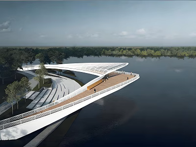 Modern Waterfront Landscape With Curved Boardwalk Steps Green Trees And Viewing Platform 3d model