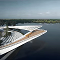 Modern Waterfront Landscape With Curved Boardwalk Steps Green Trees And Viewing Platform