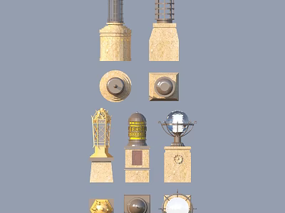 Various Outdoor Lights With Decorative Lamp Posts And Classic Base Designs 3d model
