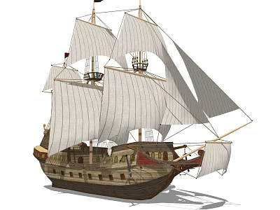 Classic Sailing Ship With Wooden Hull Multiple White Sails And Traditional Masts 3d model