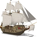 Classic Sailing Ship With Wooden Hull Multiple White Sails And Traditional Masts