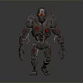 Game Movie Character Robot With Metal Armor Red Glowing Eyes And Red Emblems