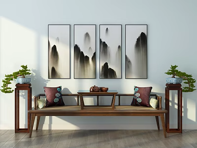 Chinese Style Arhat Bed With Decorative Pillows Wooden Flower Stands And Four Landscape Paintings On Wall 3d model