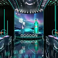 Futuristic Banquet Hall With Long Dining Tables Chairs Large Screen Projection And Teal Lighting