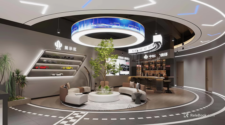Modern Lounge Area Interior With Circular Design Sofa Set Central Plant And Decorative Lighting 3d model 