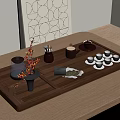 Traditional Tea Set With Wooden Tray Teacups Teapot And Decorative Dried Flowers