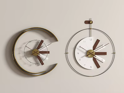 Modern Semicircular and Circular Wall Clocks with White Dials Brown Hands and Metal Frames 3d model