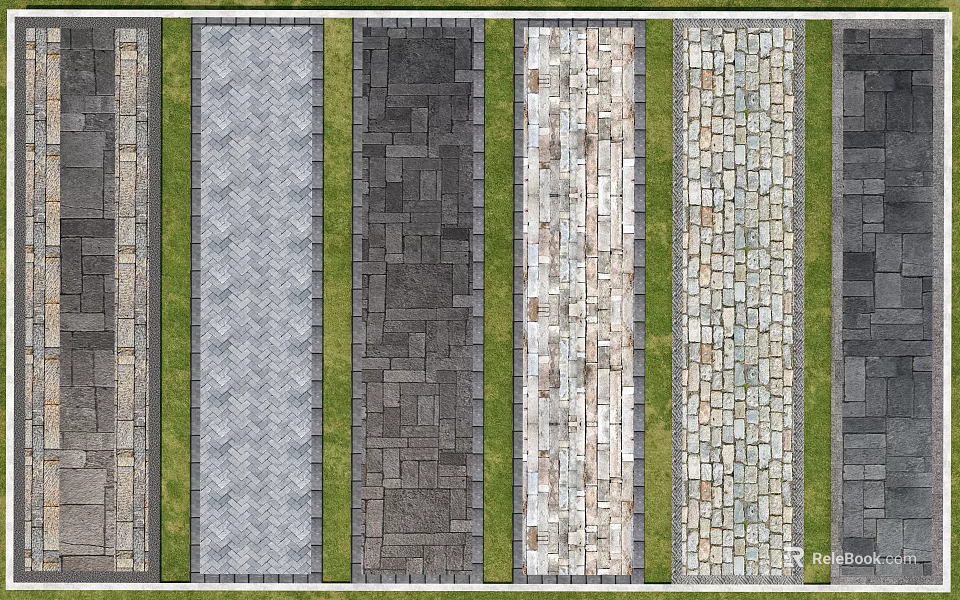 Decorative Garden Pathway Design With Various Stone Pavements And Green Grass Strips 3d model 