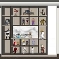 Modern Display Cabinet With Action Figures Models Landscape Painting And LED Lighting