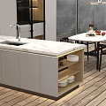 Modern Kitchen Interior With White Cabinets Island Black Dining Chairs Pendant Light And Wooden Floor