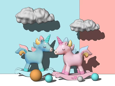 Colorful Unicorn Rocking Horses with Cloud Decor and Colorful Balls for Kids Playground Equipment 3d model
