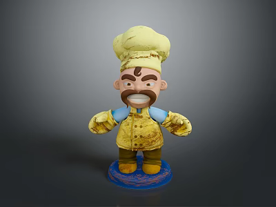 Playful Cartoon Chef Figurine Wearing Yellow Uniform Hat Gloves And Blue Base 3d model