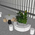 Modern Lounge Area With White Curved Sofas Black Slat Walls Green Plants Sunset View