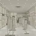 Modern Clothing Store With White Clothes Racks Mannequins Glass Partitions Marble Floor And Pendant Lights
