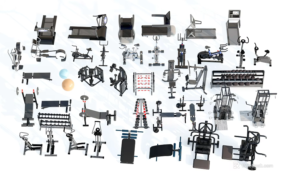 Diverse Fitness Equipment Collection Featuring Treadmills Dumbbells Benches and Gym Machines 3d model 