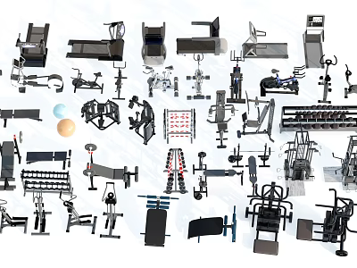 Diverse Fitness Equipment Collection Featuring Treadmills Dumbbells Benches and Gym Machines 3d model