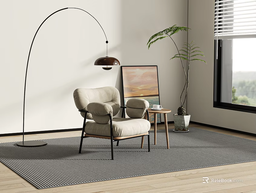 Beige Comfortable Lounge Chair With Side Table Floor Lamp And Green Plant In Modern Interior 3d model 