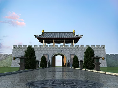 Ancient Chinese City Gate Tower With Stone Wall And Circular Pavement Under Cloudy Sky 3d model