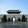 Ancient Chinese City Gate Tower With Stone Wall And Circular Pavement Under Cloudy Sky