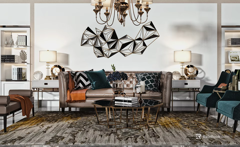 Elegant Modern Sofa Coffee Table Set With Throw Pillows Area Rug And Wall Decor 3d model 