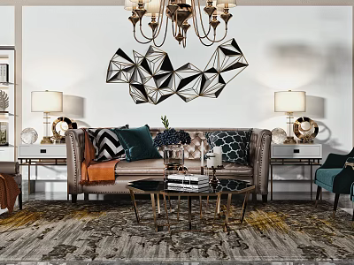 Elegant Modern Sofa Coffee Table Set With Throw Pillows Area Rug And Wall Decor 3d model