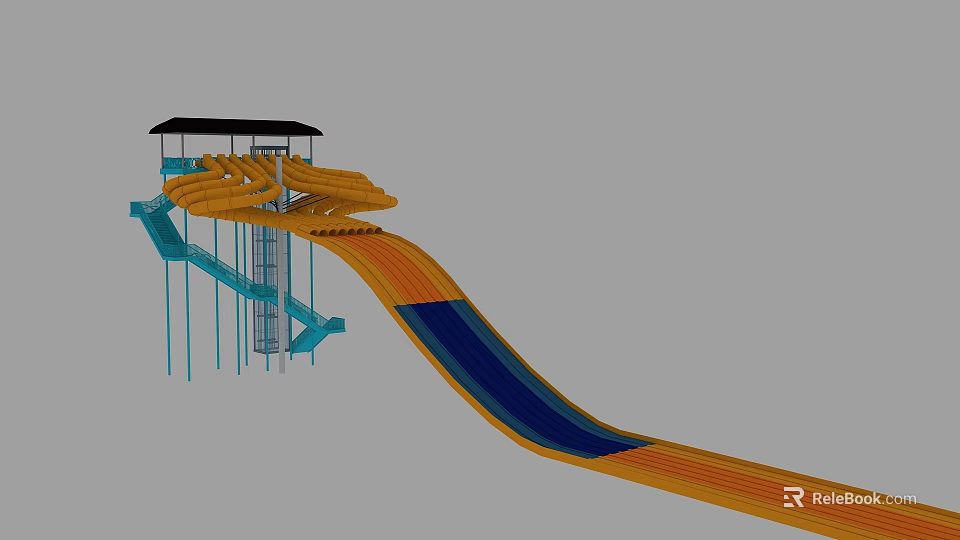Outdoor Amusement Park Slide Equipment Featuring Orange Blue Lanes And Platform Structure 3d model 