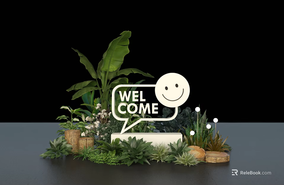 Welcome Sign With Smiley Face And Green Plants In Decorative 3d model 