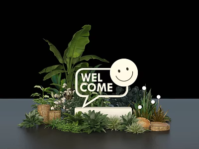Welcome Sign With Smiley Face And Green Plants In Decorative 3d model
