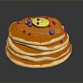 Stack of Delicious Pancakes Topped with Syrup Blueberries Red Berries and Lemon Slice