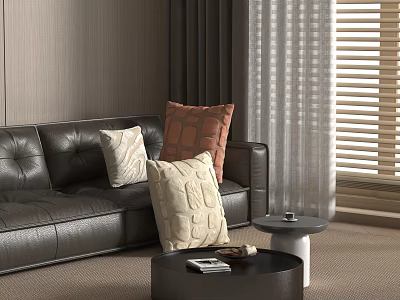 Decorative Beige and Brown Textured Pillows on Black Leather Sofa in Modern Living Room 3d model