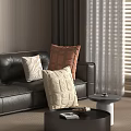 Decorative Beige and Brown Textured Pillows on Black Leather Sofa in Modern Living Room
