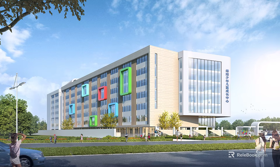 Xidian University Modern School Building With Colorful Window Panels Glass Curtain Walls And Green Lawns 3d model 