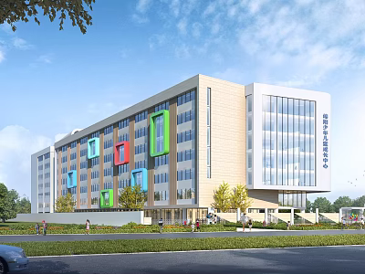 Xidian University Modern School Building With Colorful Window Panels Glass Curtain Walls And Green Lawns 3d model