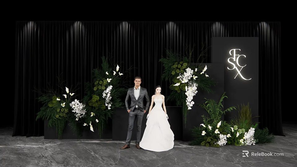 Elegant Wedding Floral Installation With Greenery White Flowers Bride And Groom 3d model 