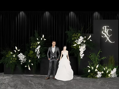 Elegant Wedding Floral Installation With Greenery White Flowers Bride And Groom 3d model