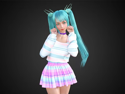 Woman with Turquoise Long Hair Pigtails Striped Sweater and Pink Purple Plaid Skirt 3d model