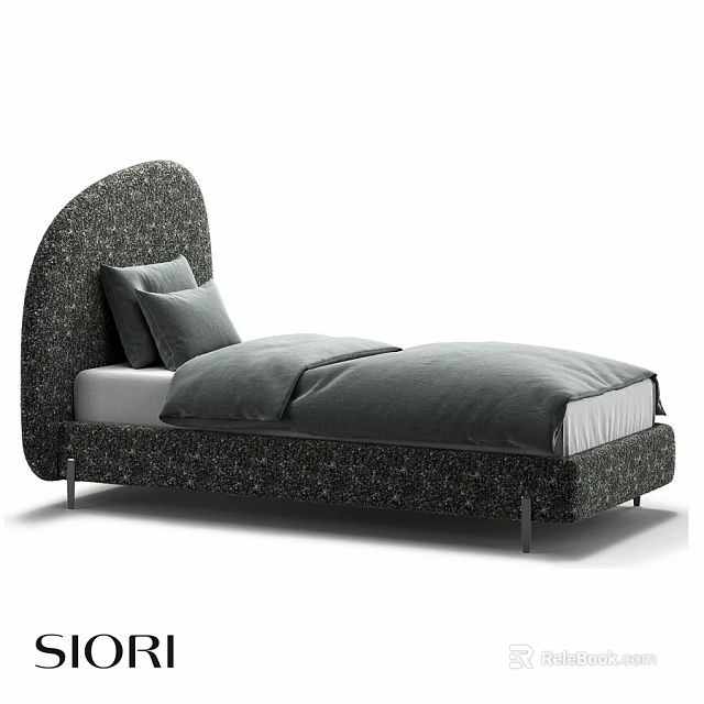 Modern Kids Bed With Arched Textured Fabric Headboard Gray Bedding And Metal Legs 3d model 