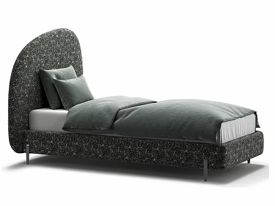 Modern Kids Bed With Arched Textured Fabric Headboard Gray Bedding And Metal Legs 3d model