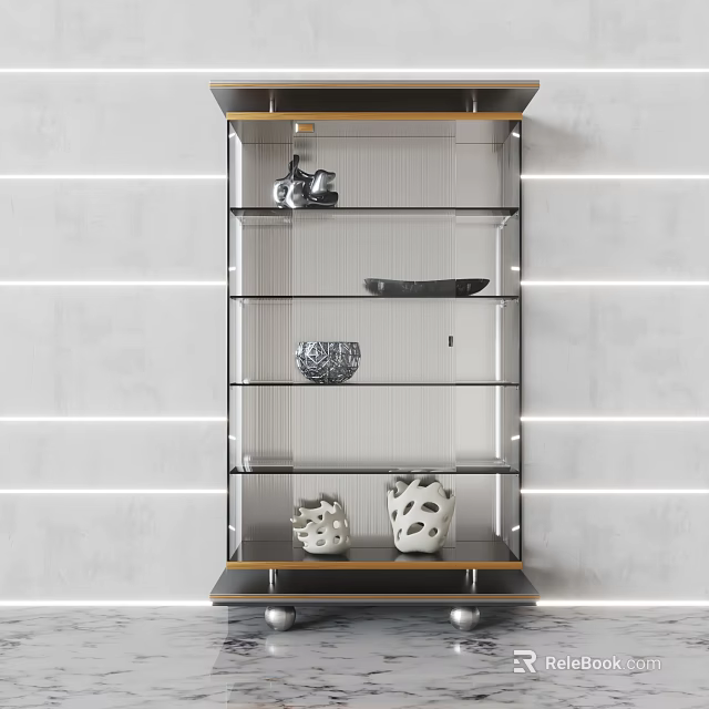 Elegant Modern Decorative Cabinet With Glass Shelves Metal Frame And Decorative Sculptures 3d model 