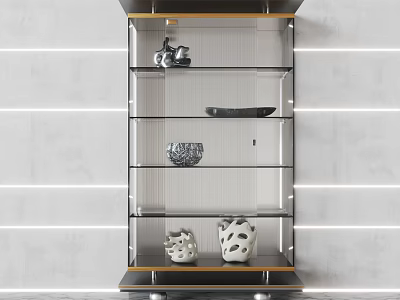 Elegant Modern Decorative Cabinet With Glass Shelves Metal Frame And Decorative Sculptures 3d model